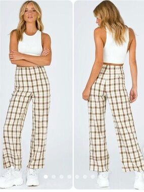 Princess Polly White, Brown, Yellow Plaid High-Rise Wide-Leg EURO Pants
